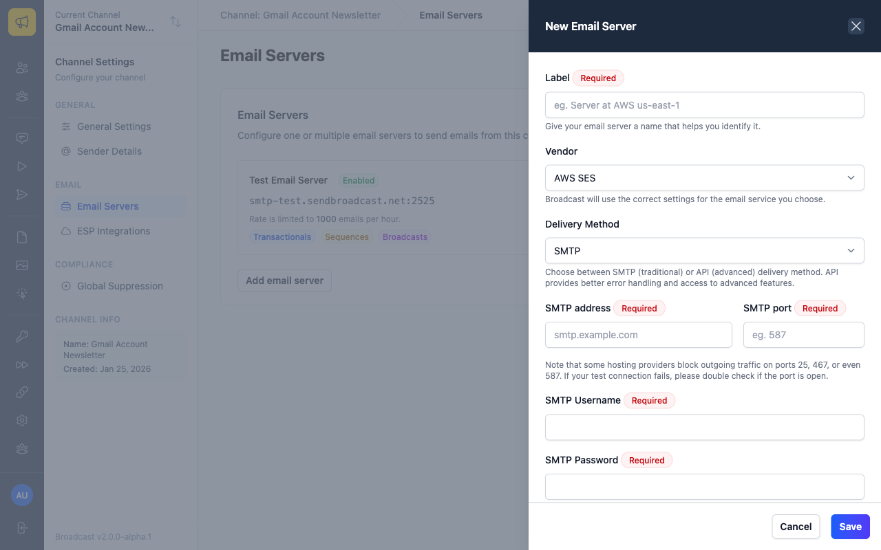 Email server configuration form with Label, Vendor, Delivery Method, and SMTP settings