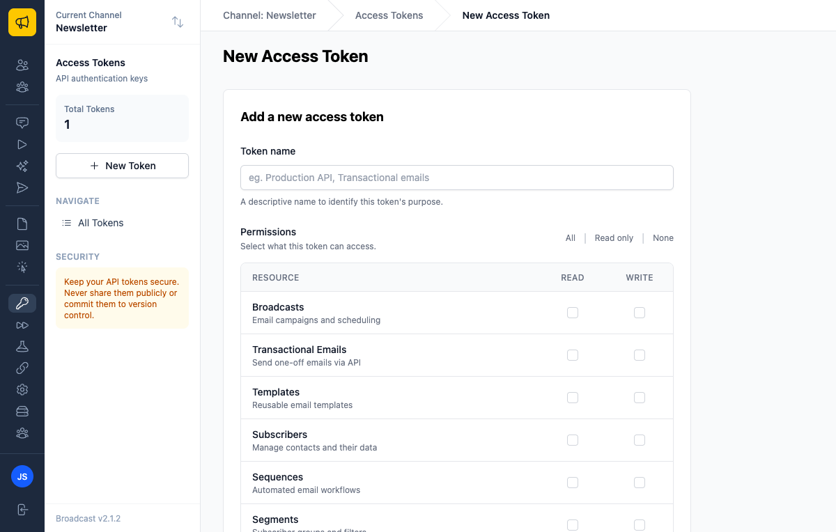New access token form showing permission options