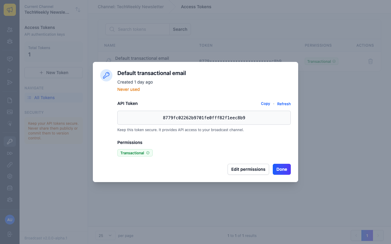 Token detail modal showing the full API token and permissions
