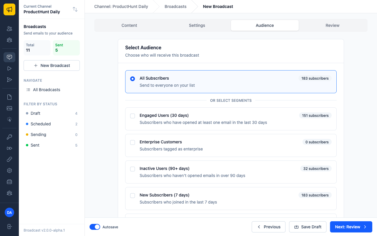 Audience tab showing subscriber and segment selection