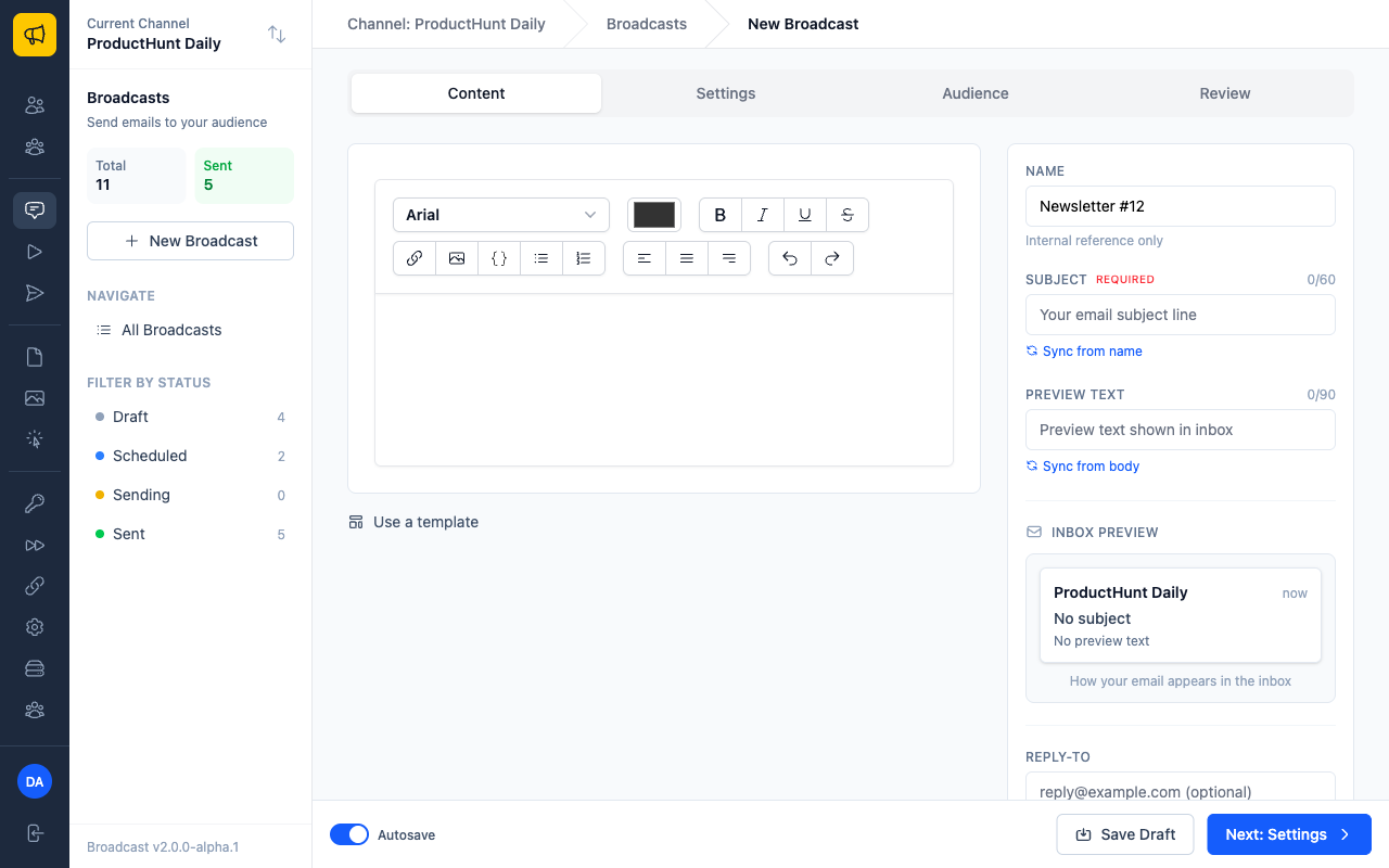 Broadcast creation form showing Content tab with editor and fields