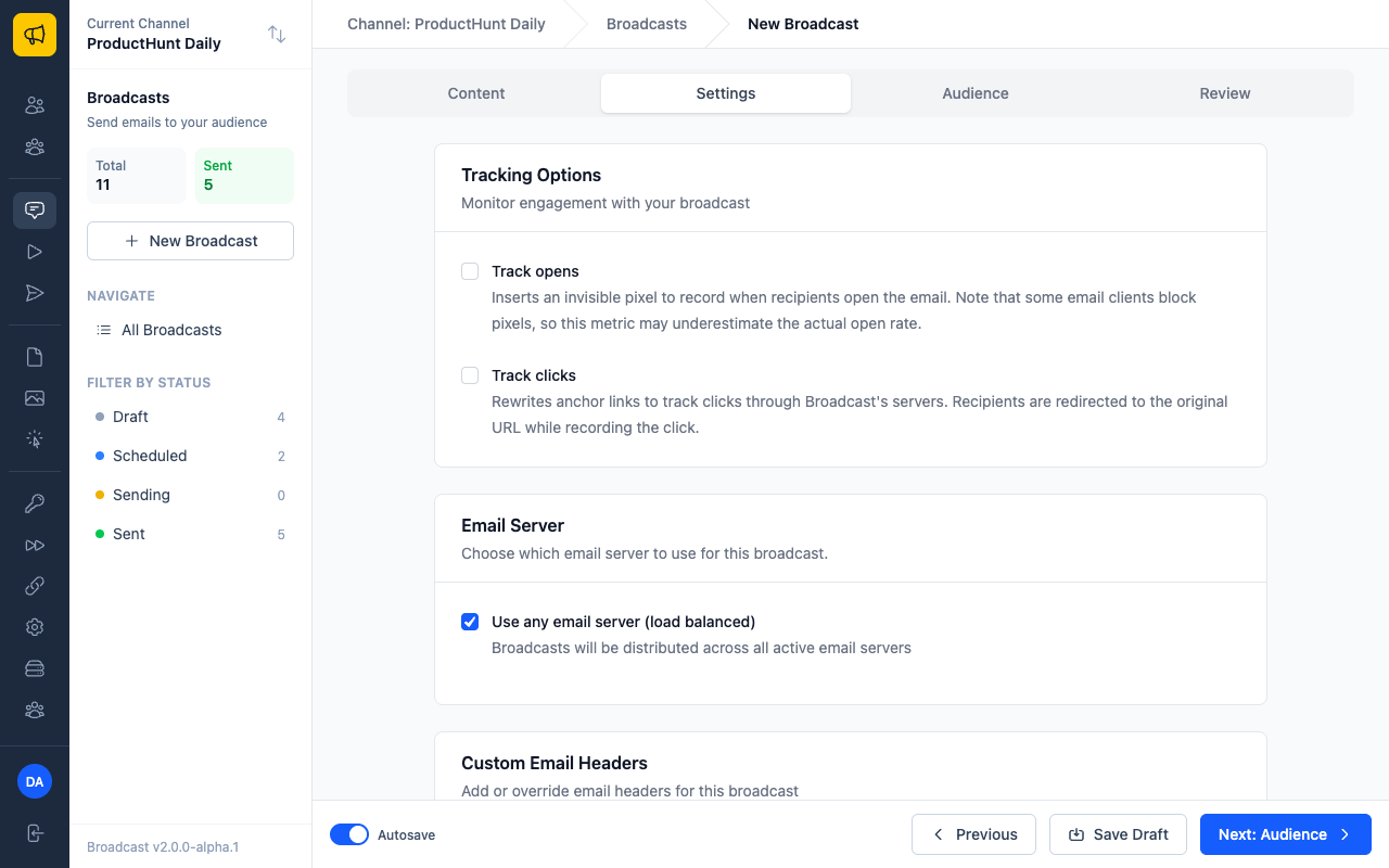 Settings tab with tracking and email server options