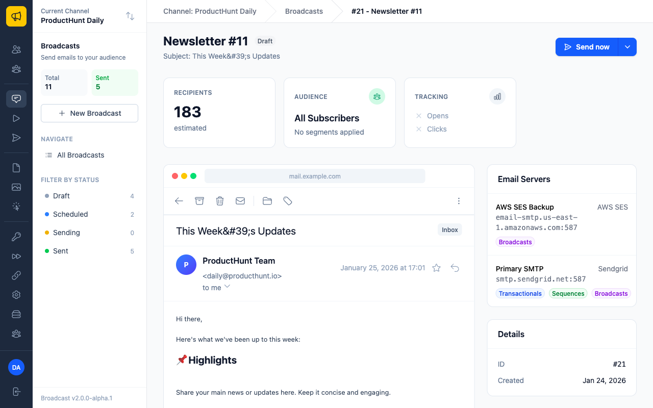 Broadcast detail page showing preview and options