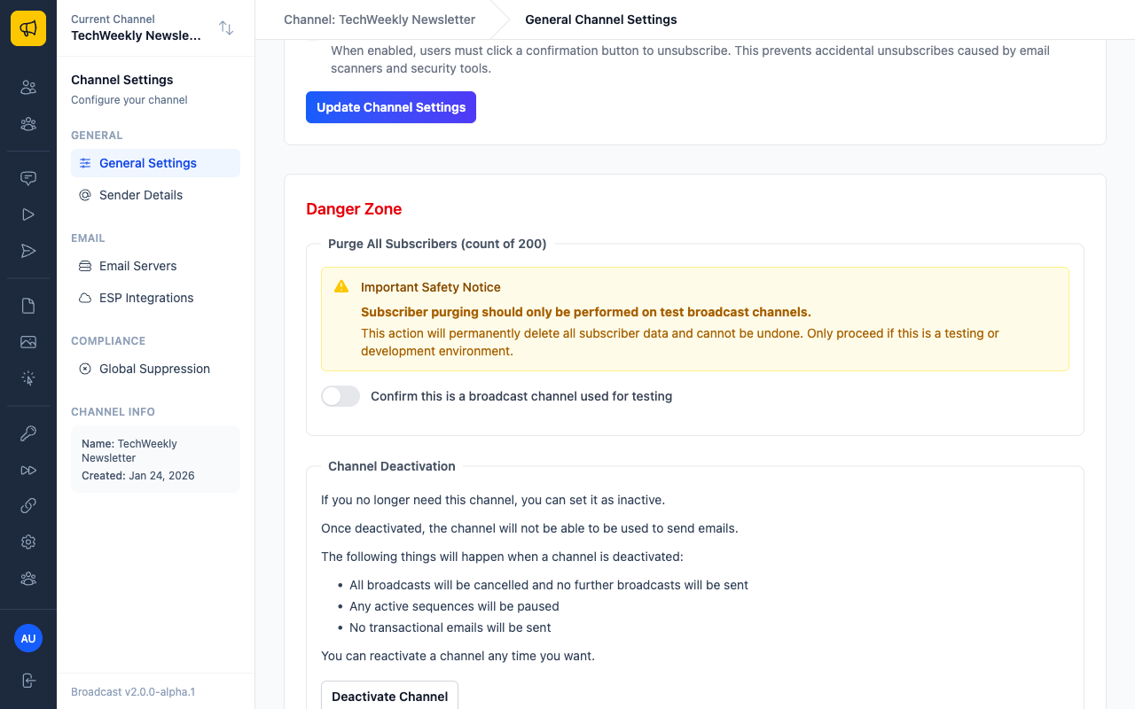Channel general settings showing Channel Information and Danger Zone with deactivation options