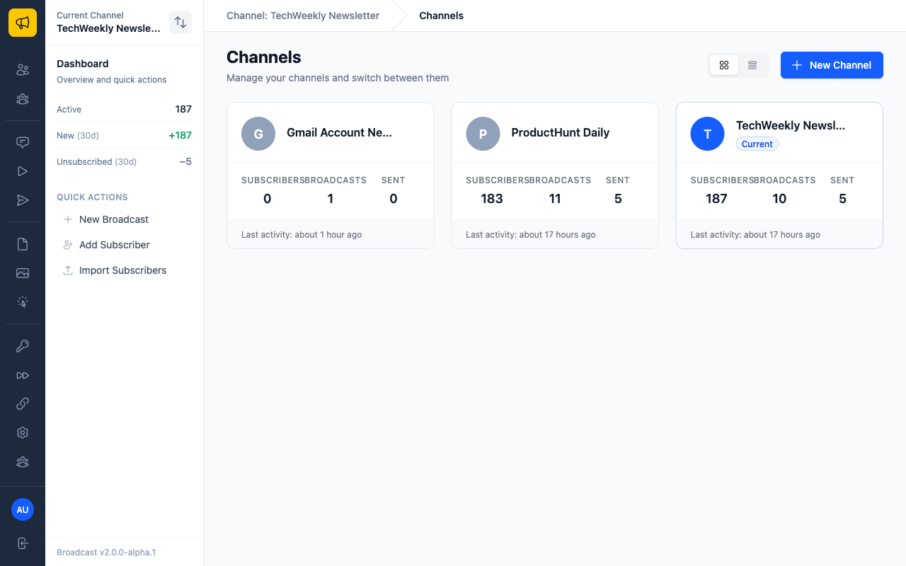Channel switching interface showing existing channels and New Channel button