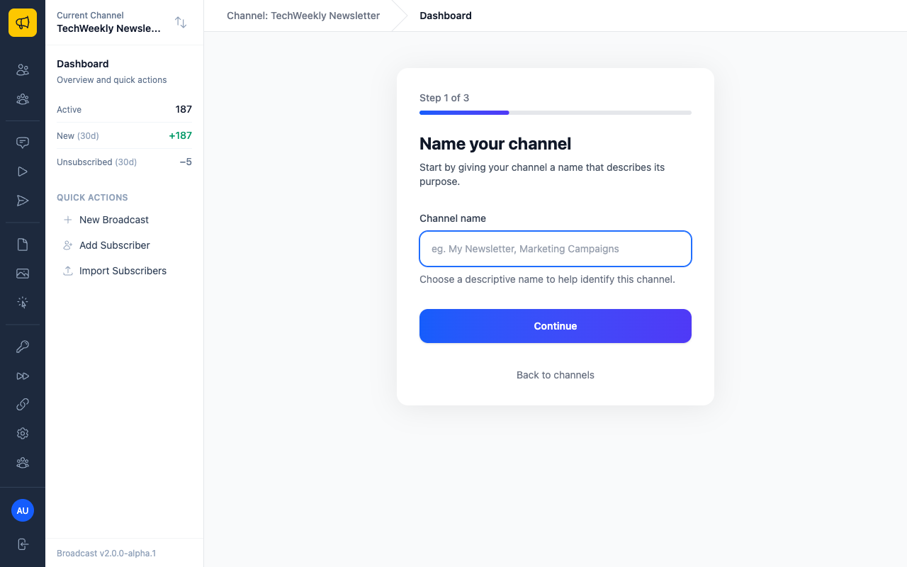 Create new channel wizard showing Step 1 - Name your channel