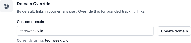 Domain Override configuration form showing how to set a custom domain for a broadcast channel