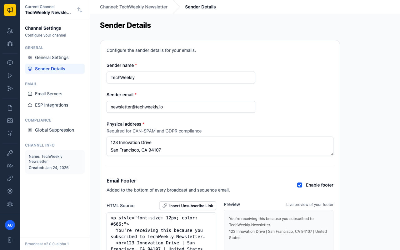 Channel Settings showing Sender Details page with domain configuration options