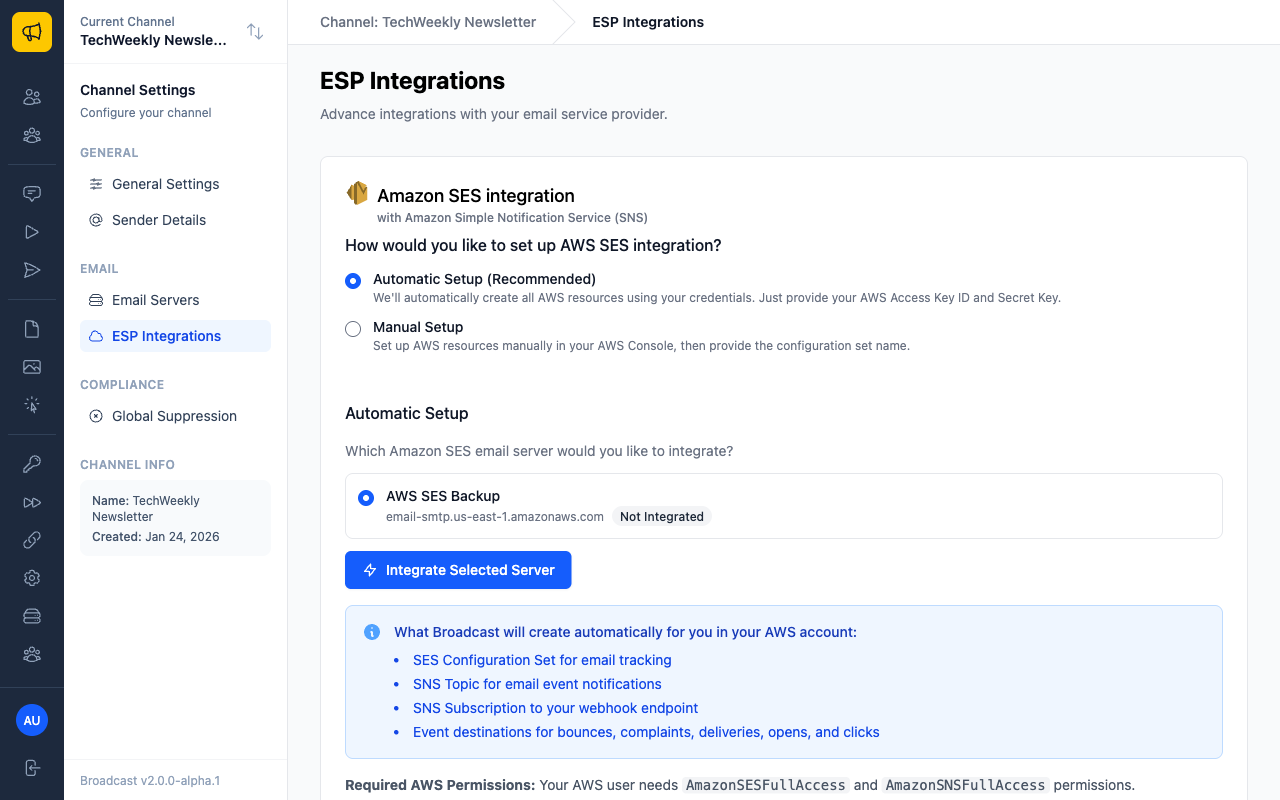 ESP Integrations page showing webhook endpoints for email providers