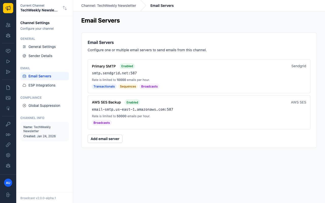 Email servers configuration page showing server list and add button