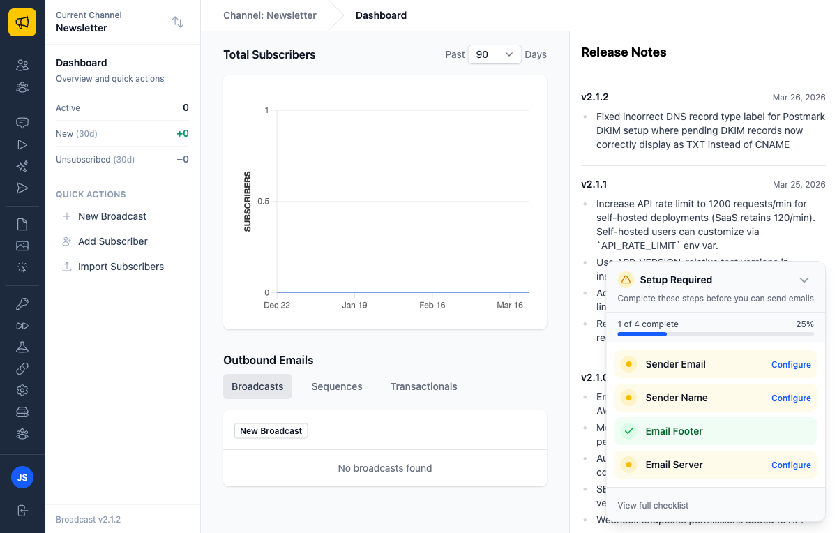 Dashboard showing the setup checklist with remaining tasks