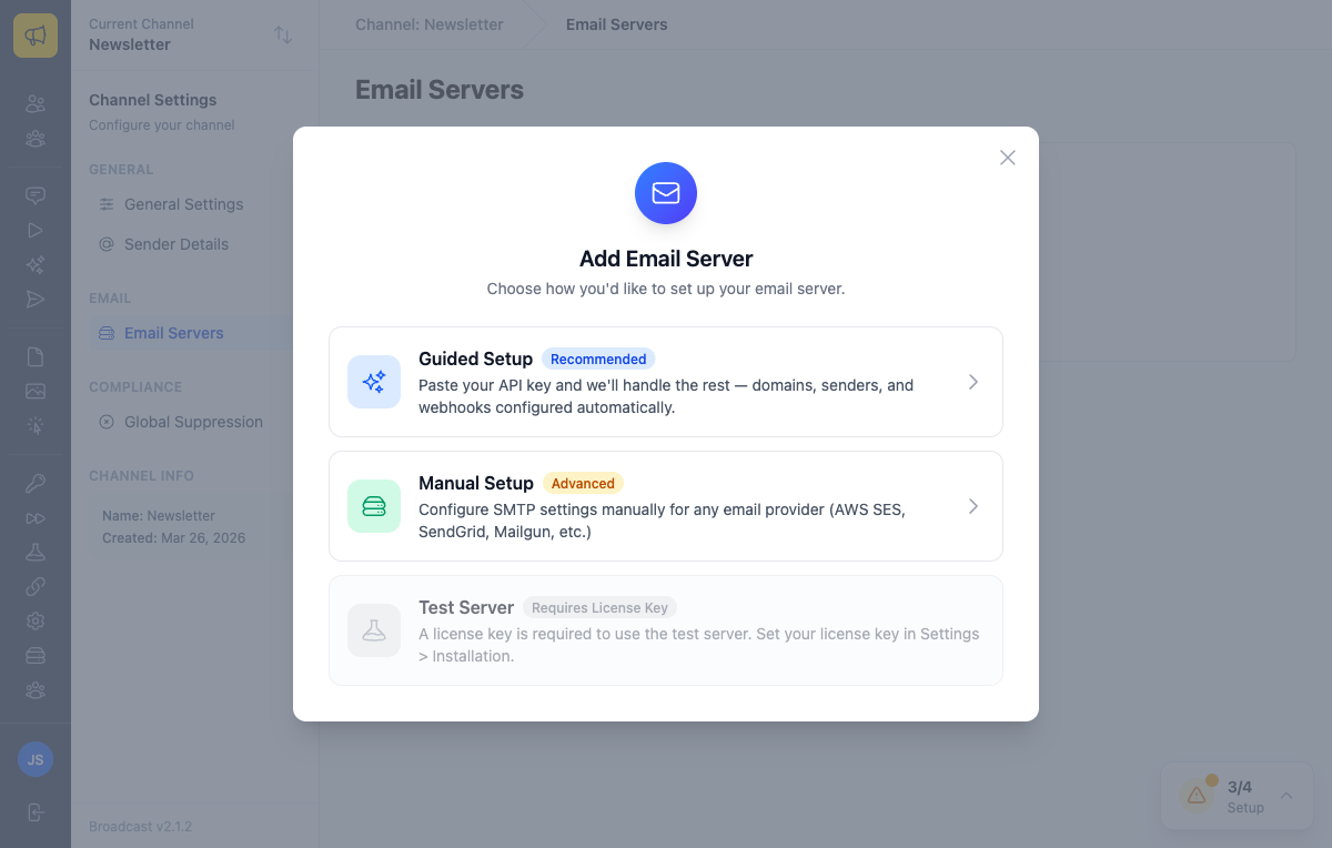 Add Email Server dialog showing Guided Setup, Manual Setup, and Test Server options
