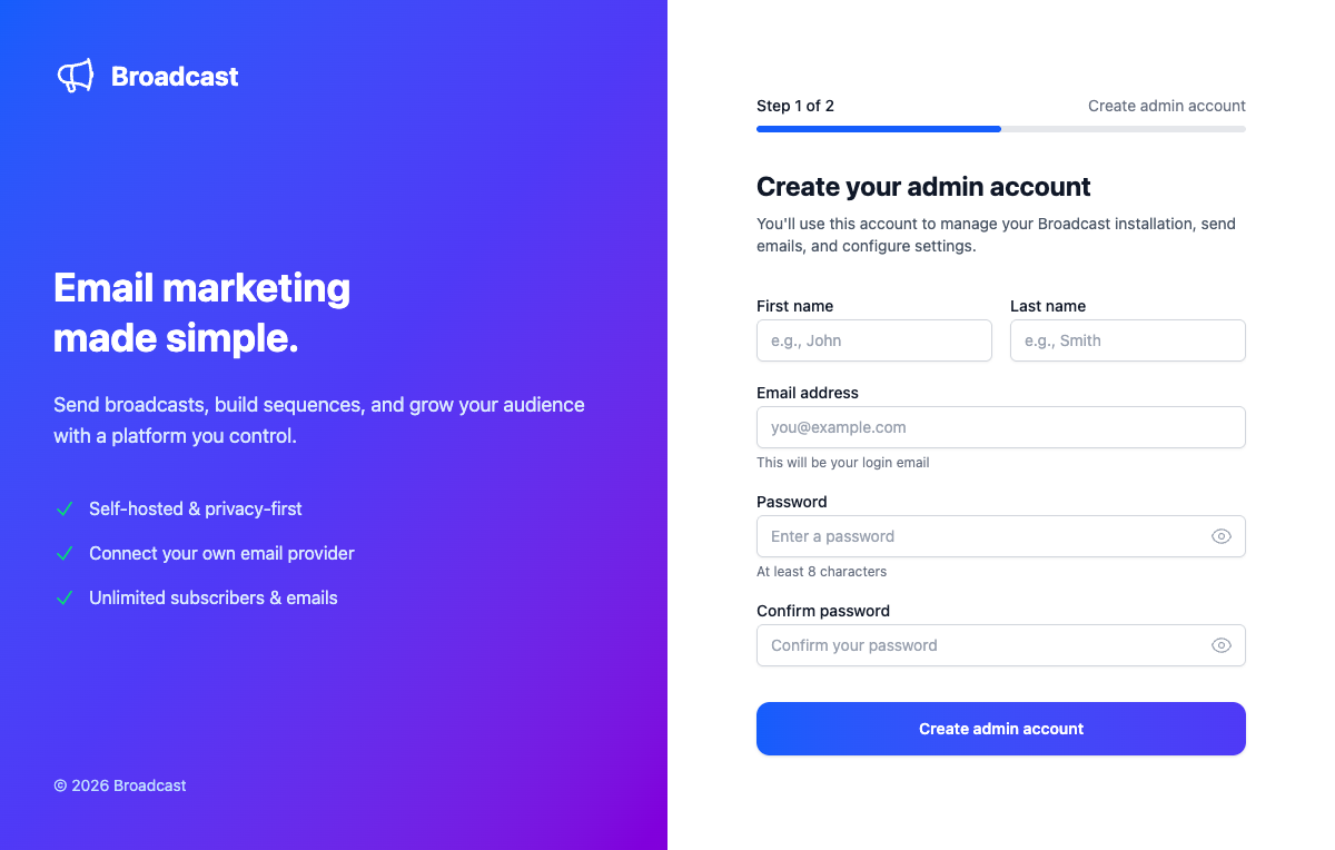 Step 1: Create your admin account with name, email, and password fields
