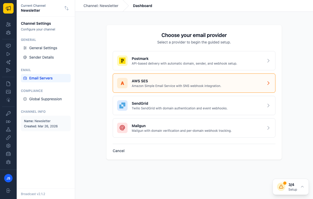 Provider picker showing Postmark, AWS SES, SendGrid, and Mailgun