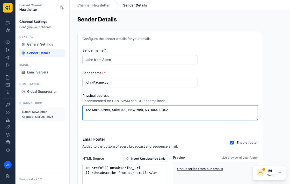 Sender details form with name, email, address, and footer configured