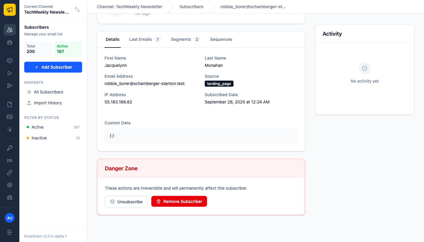 Subscriber detail page showing the Danger Zone section with Remove Subscriber button