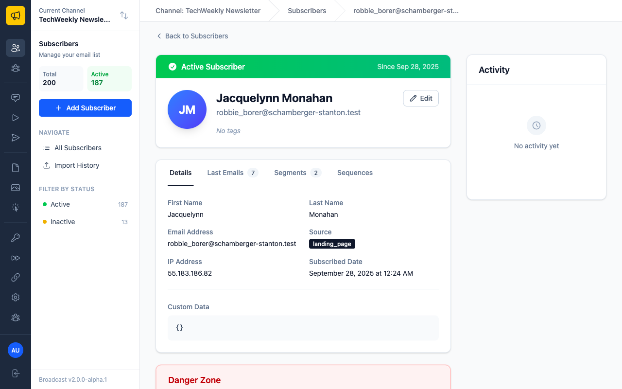 Subscriber detail page showing tabbed interface with Details, Last Emails, Segments, and Sequences tabs
