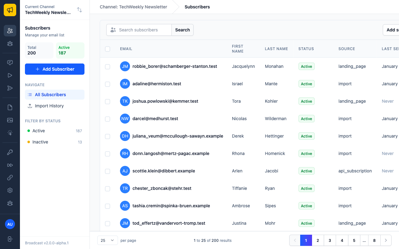 Subscribers list page showing all subscribers with status, source, and last sent columns