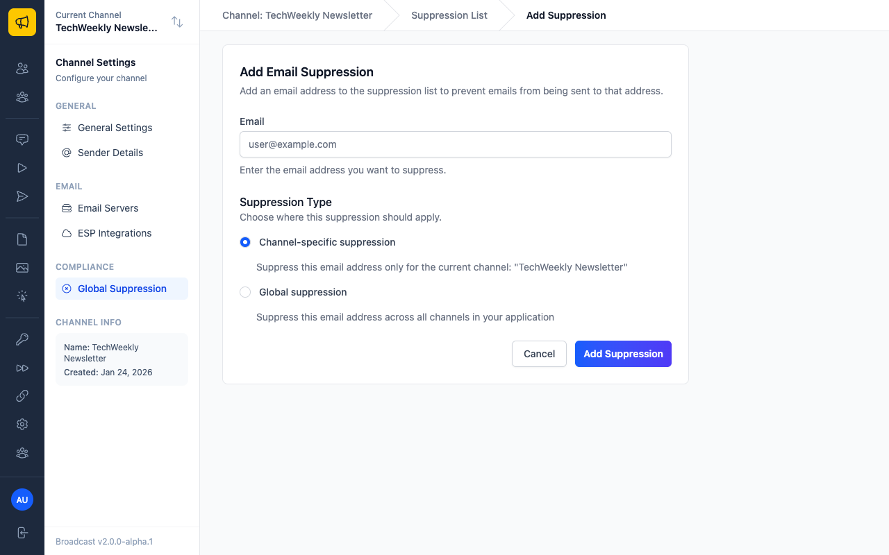 Add suppression form with email field and suppression type options