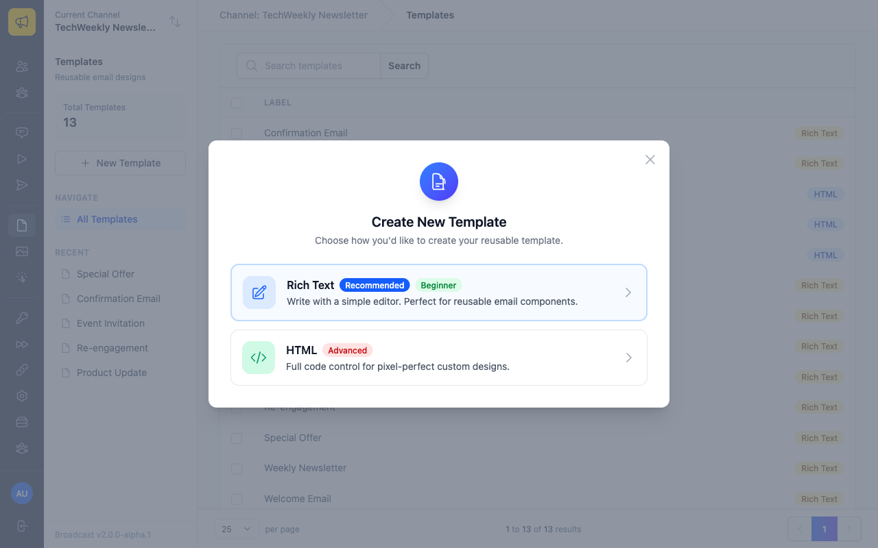 Template format chooser showing Rich Text and HTML options