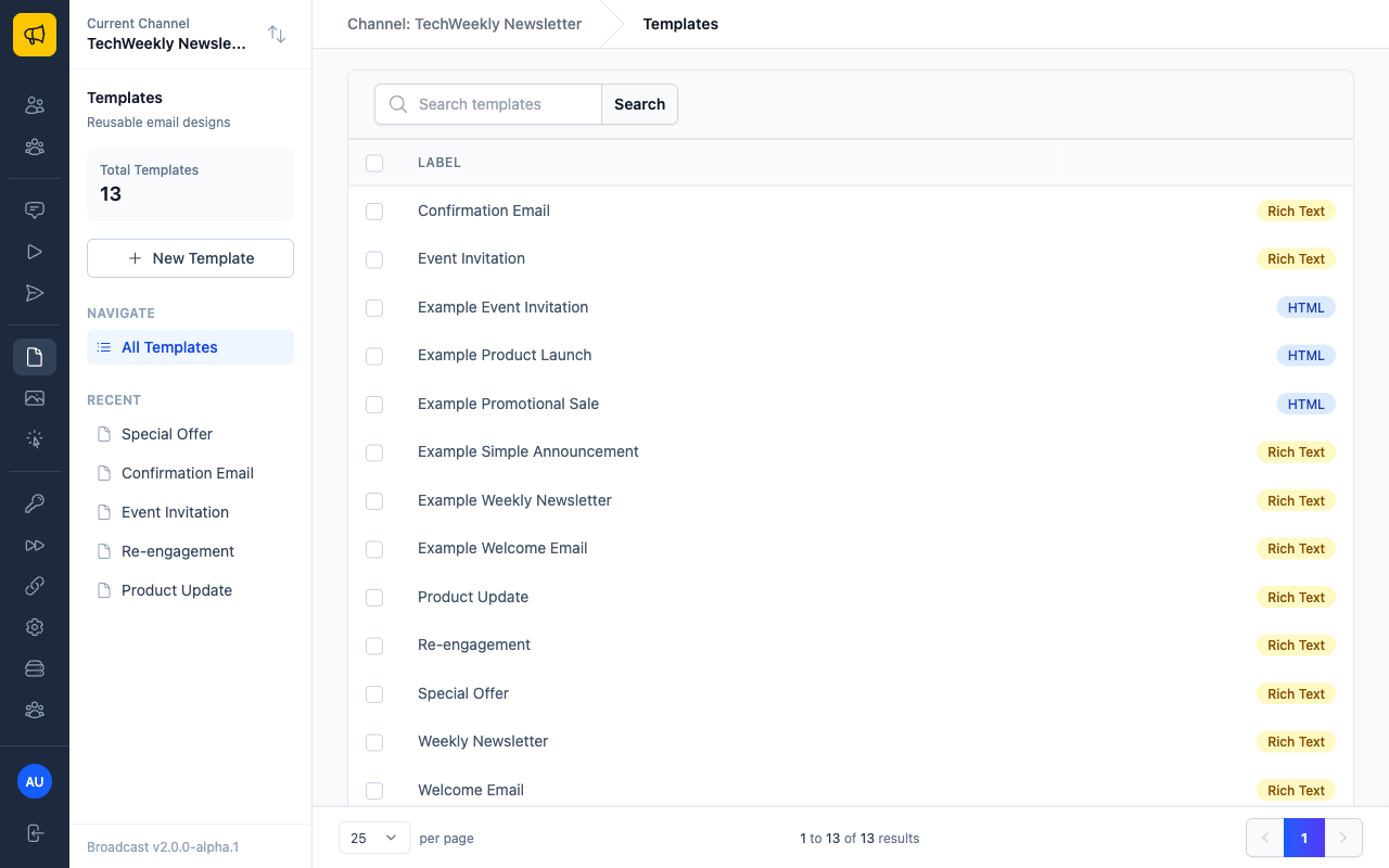 Templates index page showing a list of saved templates