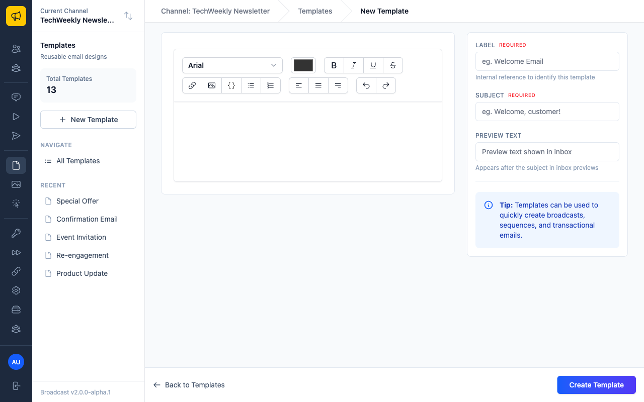Template creation form with rich text editor