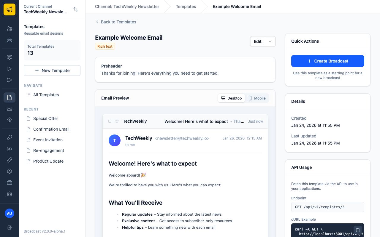 Template detail page with email preview