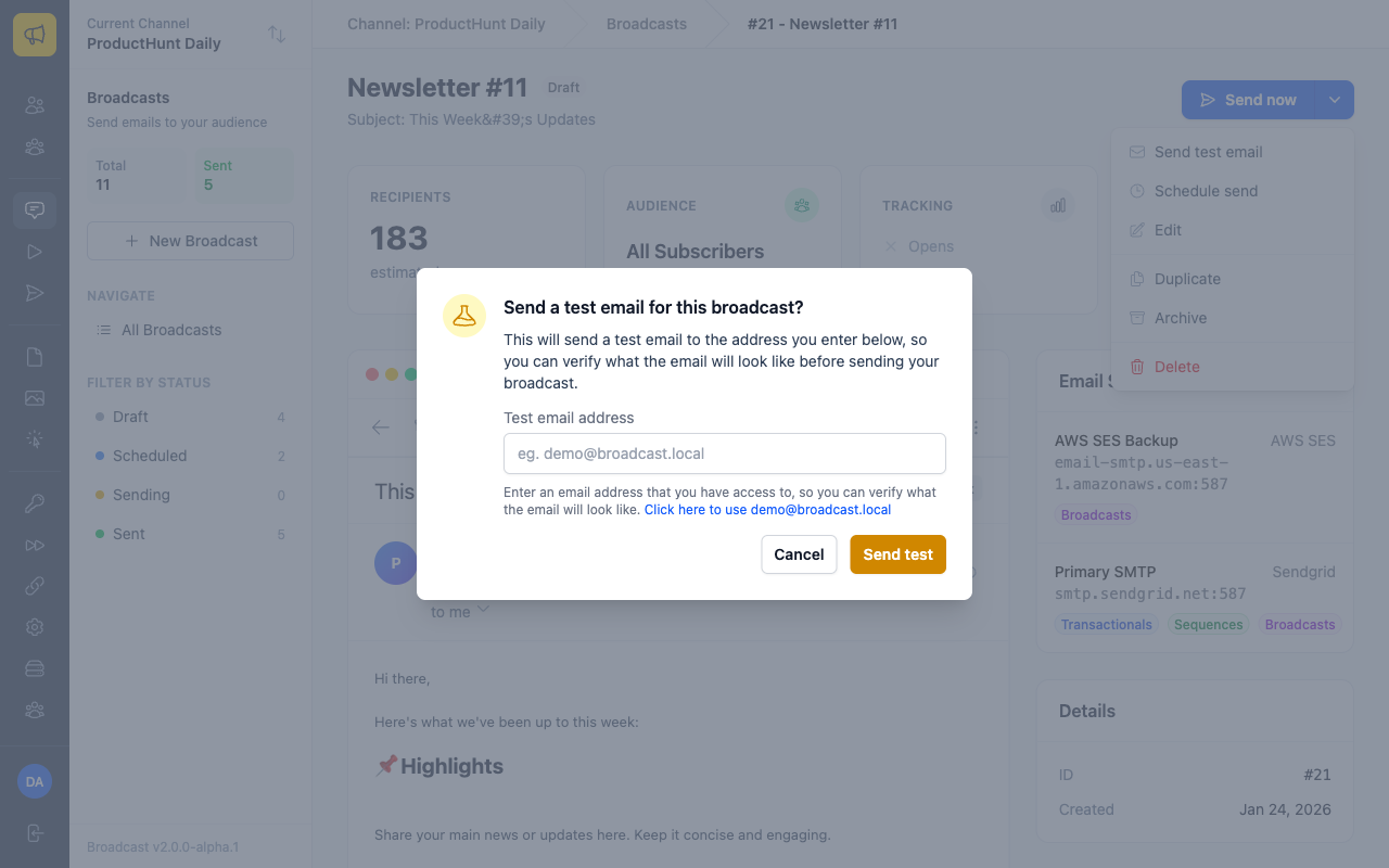 Test email modal with email address field
