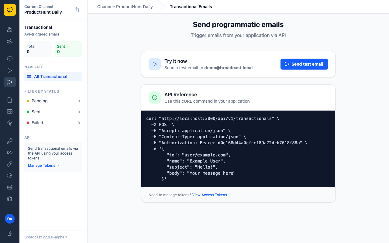 Transactional emails empty state with test email option and API reference