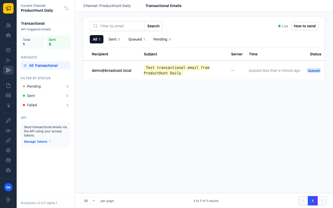 Transactional emails list showing sent emails with status indicators