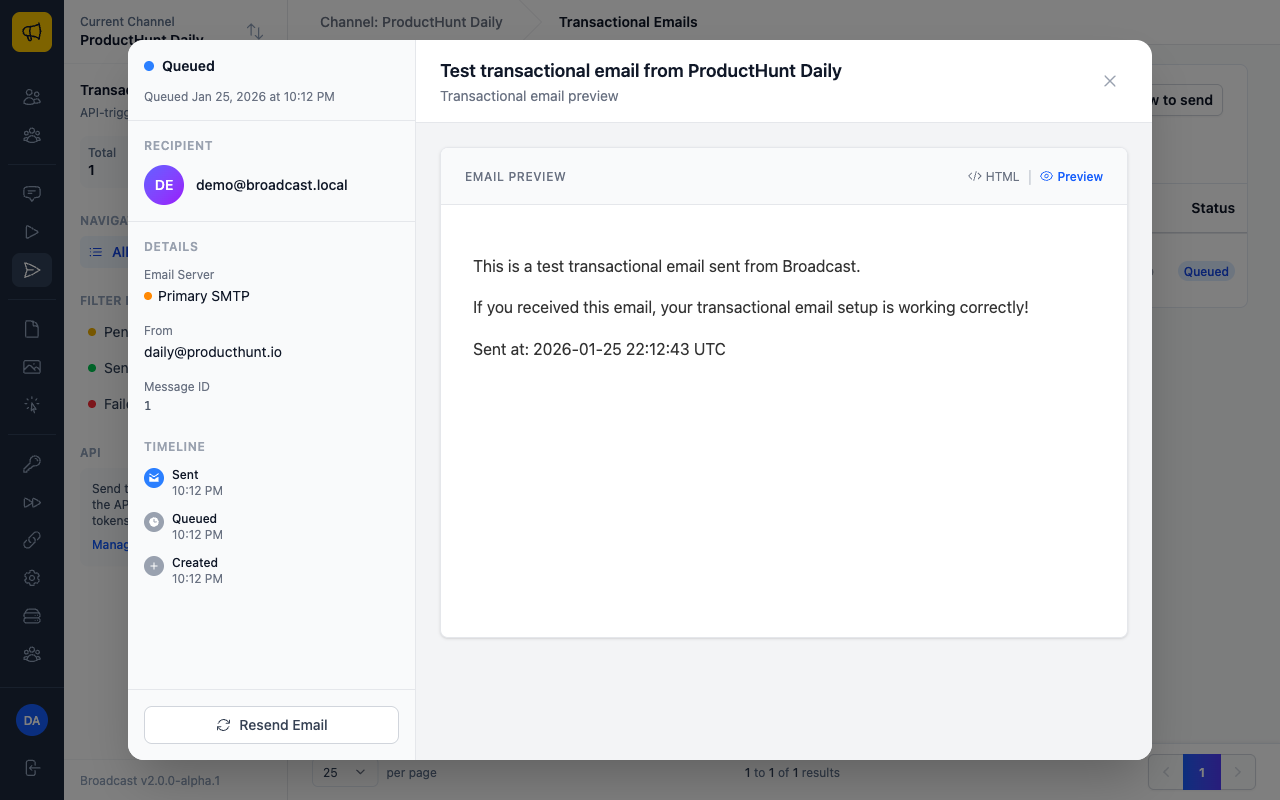 Transactional email detail view showing timeline and email preview