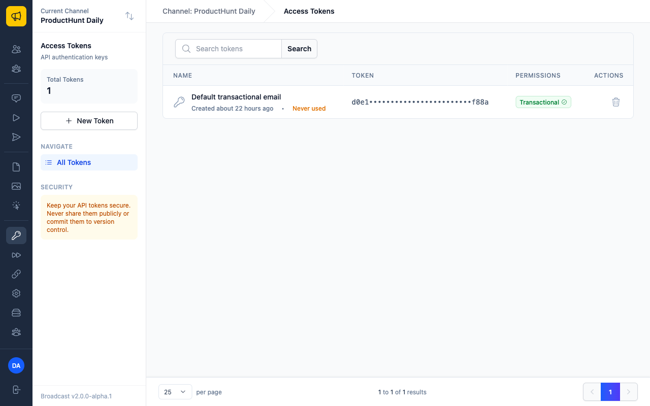 Access Tokens page showing the default transactional email token