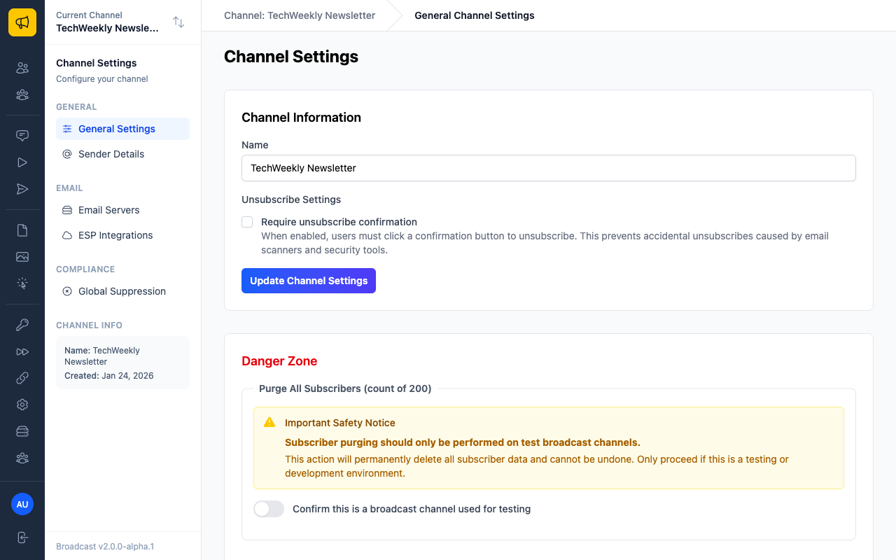 General settings showing unsubscribe confirmation toggle