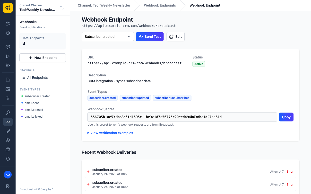 Webhook endpoint configuration page showing details and recent deliveries