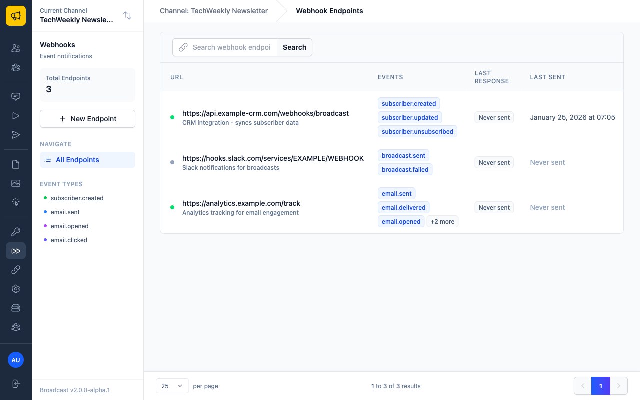 Webhook endpoints list page showing configured endpoints