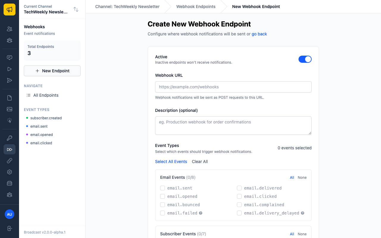 Webhook endpoint creation form with URL, event types, and configuration options
